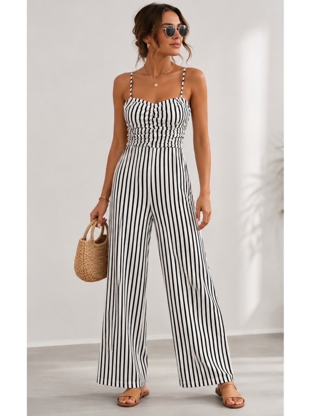 Bershka Black & White Striped Ruched Wide Leg Jumpsuit XS